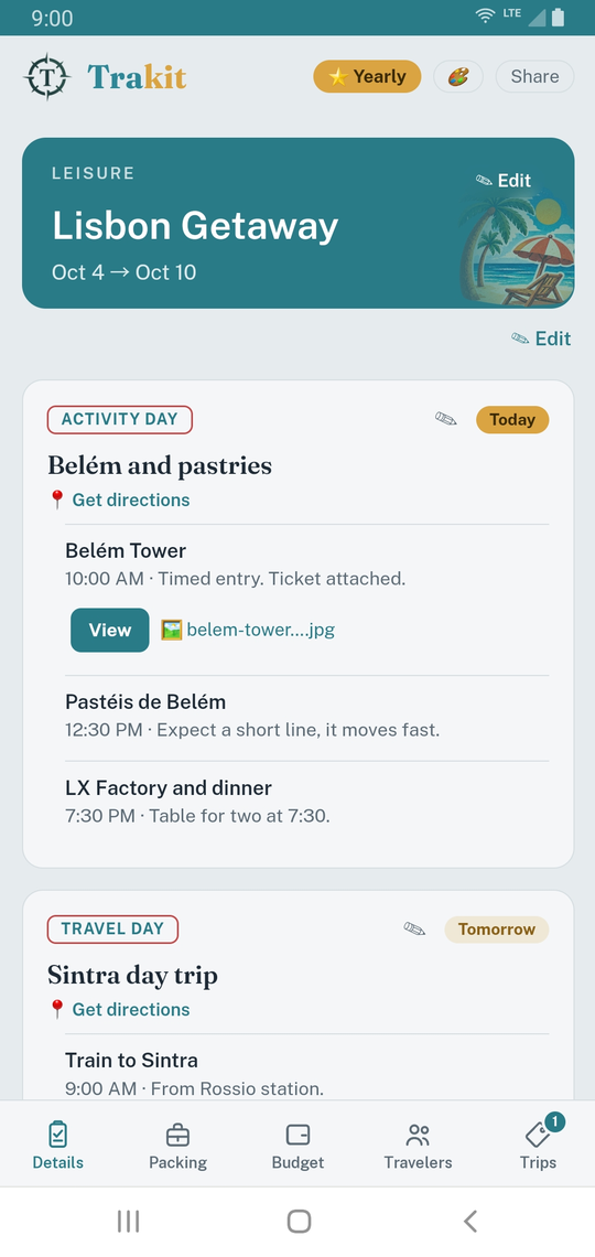 TraKit showing today's day at the top of the itinerary with its ticket