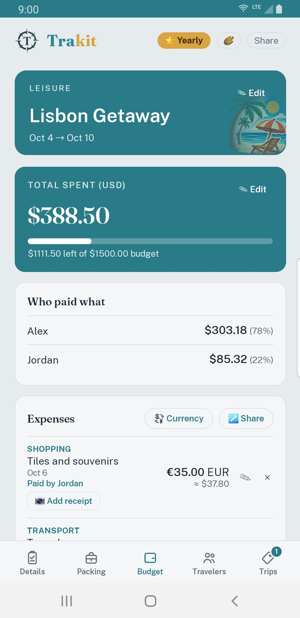 The budget tab with total spent and currency conversion