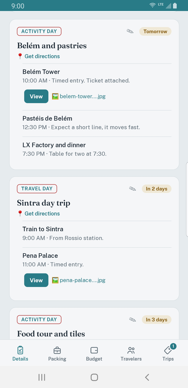 A multi-day road trip itinerary with hotels and drives