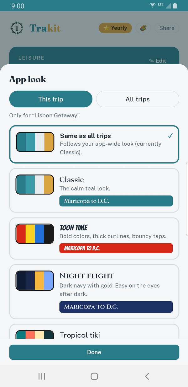 The look picker showing color themes